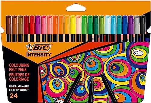 BIC Intensity Feutres de Coloriage Encre Lavable à Base d'Eau - Corps Noir - Couleurs Assorties, Pack de 24