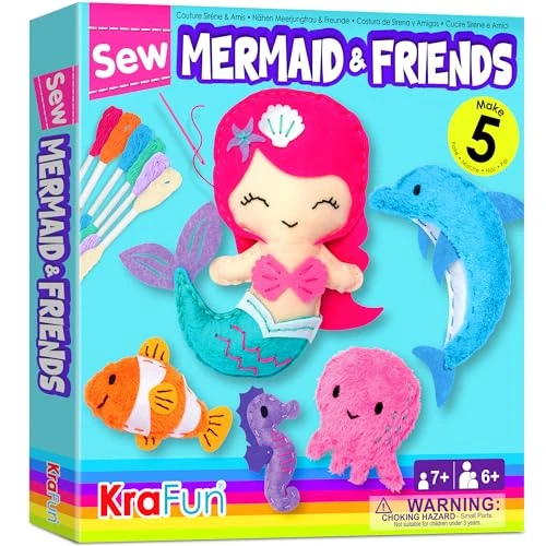 KRAFUN Kit de Couture Sirène pour Enfants dès 7 Ans, 5 Poupées en Peluche (Sirène, Dauphin, Hippocampe, Poisson Clown, Pieuvre), Feutre, Instructions, Jouet Éducatif