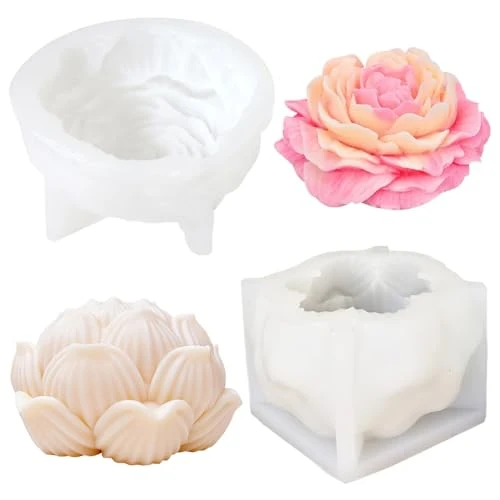 Pivoine Et Lotus Moule Silicone, 2pcs Moule Bougie, 3d Moule Qualité Alimentaire, Moules De Cuisson Réutilisables, Gâteau Moule En Silicone, Pour Aromathérapie Savon Bougie Pâtisserie Faire, Blanche