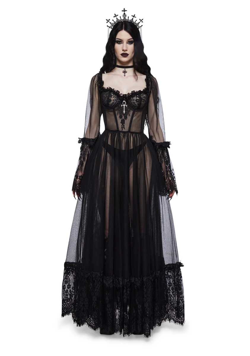 Widow Gothic Lace Bustier Long Sleeve Maxi Gown - Black