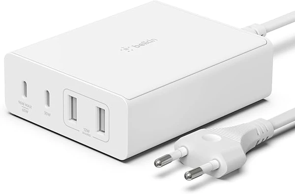 Belkin GaN USB Charger (108W) for Multiple Devices, 2 USB-C Ports and 2 USB-A Ports, Fast Charging Dock for MacBook, Pro, Air, iPhone, iPad Pro, Air, Galaxy, Pixel, Apple Watch, etc.