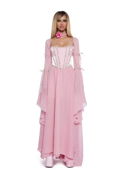 Sugar Thrills Corset Maxi Dress With Floral Embroidery Fairycore Fairy Renaissance Renfaire Princess - Pink