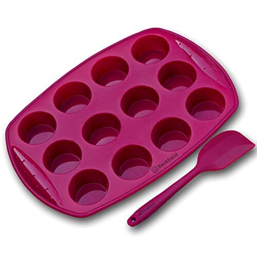 Backhaus Moule à Mini Muffins 12 cavités avec Spatule Maryse, Set à Pâtisserie Anti Adhérent, Moule à Brownie - Cupcake en Silicone de Qualité Pro | Rouge