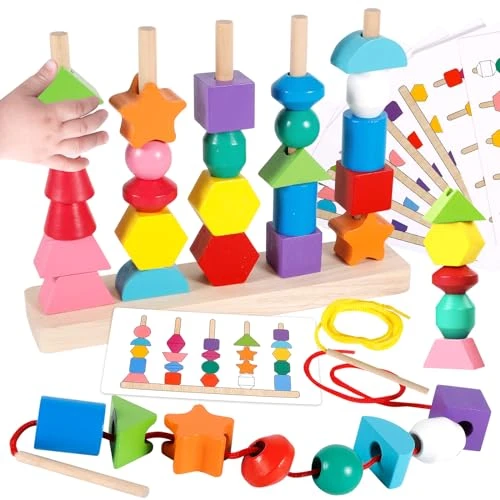 BARAKYEG Jouet Montessori à Empiler et de Tri 1 2 3 Ans,2 en 1 Jeux educatif 3 Ans Jouet d'Activité et de Développement en Bois Puzzle Enfant 3 Ans Jeux Montessori pour Tout-Petits1 an Bébé Enfants