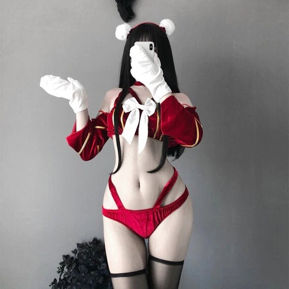 💗🍭Golden Velvet Sexy Breast Wrapping With Bowknot Uniform 3 Color Women Lingerie Set Kawaii 6pcs Underwear Temptation Outfits