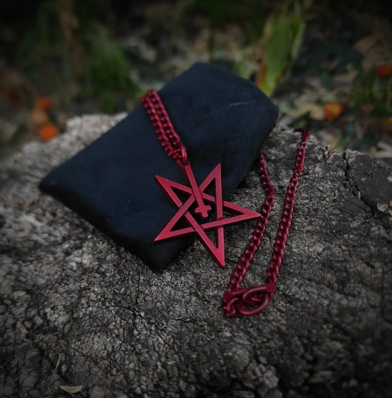 Anodized blood red pentagram and inverted cross necklace , satanic pentacle symbol , upside down cross jewelry , savage gift for metalhead