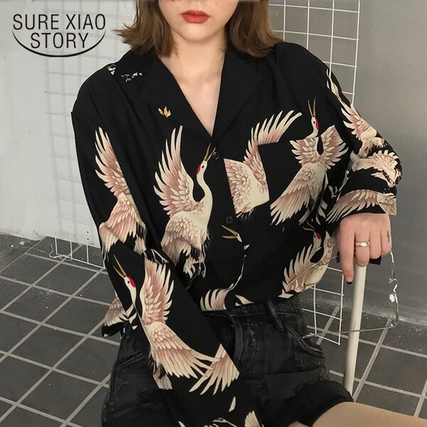 2021 printemps mode femmes Blouses chemises à manches longues en mousseline de soie Harajuku Vintage Chic grue imprimé géométrique ample Femme
