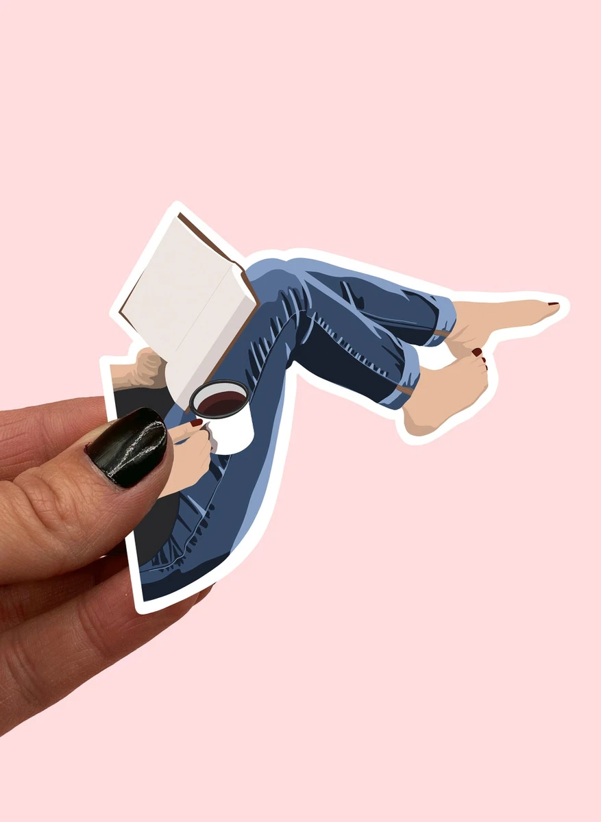 Girl reading with coffee Sticker | Book lover sticker | Gift for book lovers | Book journal stickers | uk