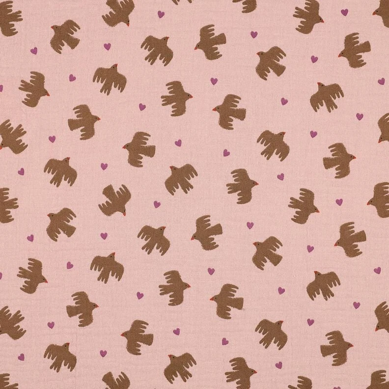 GOTS Tissu double gaze de coton Oiseaux et coeurs | Poppy Fabrics – vieux rose - Idéal pour Décoration pour enfants