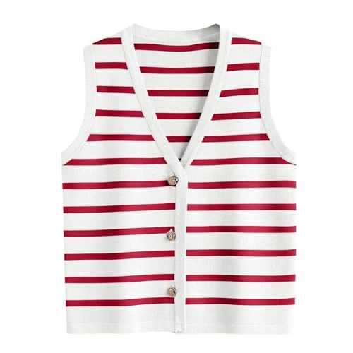 2025 - Femmes Rayé Élégant Tops Courts Débardeur Sans Manches Bouton Up Cardigan Pull Gilets T-shirt Imprimé, Rose, L