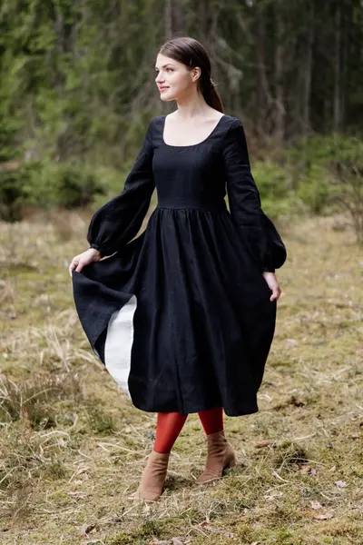 SQUARE NECK DRESS | Bishop Sleeve Maxi Dress, Black Linen Dress, Mid Century Modern, Medieval Dress, Whimsigoth Dress, Carmen Dress in Black