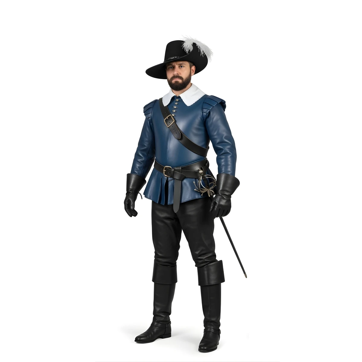 The Cobalt Cavalier – Leather Jerkin Outfit - Renaissance Musketeer Costume - Medieval Duelist Wear for LARP & Cosplay