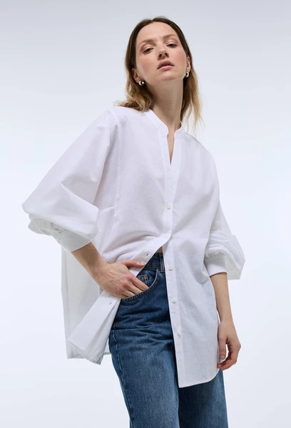 Blouse manches longues unie contenant du coton et lin