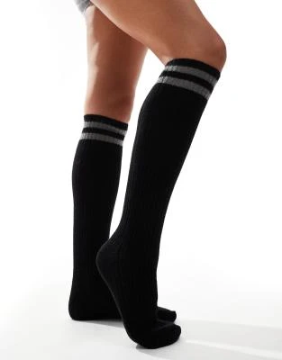 My Accessories - Chaussettes rayées hauteur genou - Noir et gris