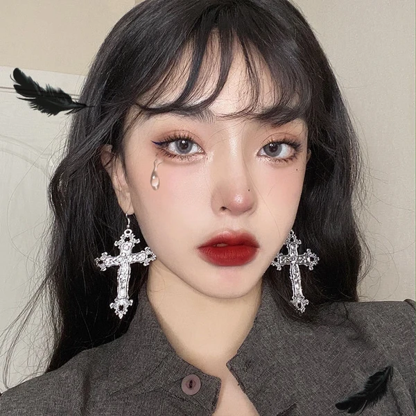 Boucles d'oreilles croix vintage pour femmes, style gothique baroque, boucle d'oreille grunge, grand cerceau, accessoires de bijoux, Y2K