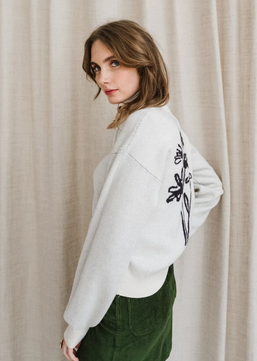 Pull en coton bio et laine certifiée | écru "flowers philis knitted sweater" Thinking Mu