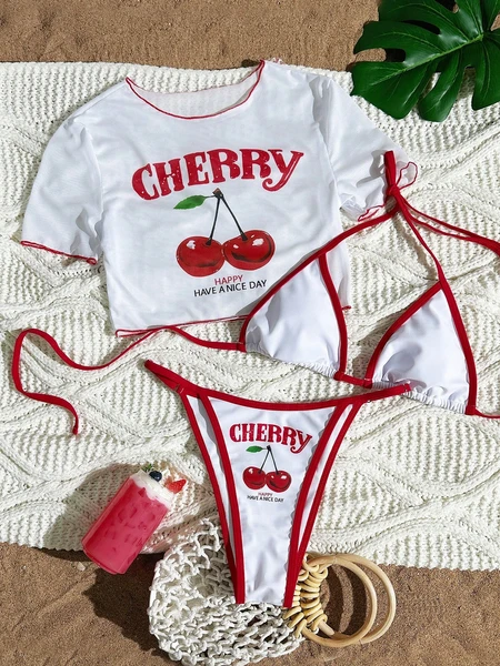 Swim Mod 3 pièces Set de vêtements de surf d'été pour femmes : Bikini à fines bretelles à imprimé cerise, Cache-maillot transparent à manches courtes col rond à maille tricotée pour vacances à la plage