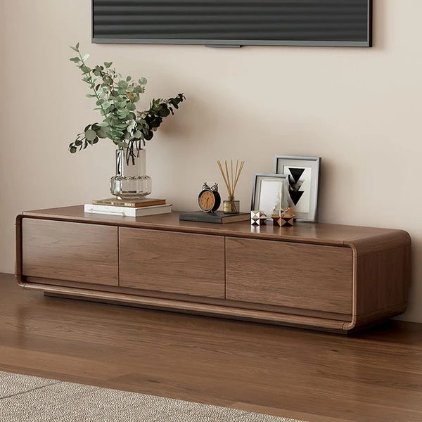 Meuble TV rectangulaire en bois composite Art Déco avec 3 tiroirs et gestion des câbles, brun-noisette, 160 cm L x 36 cm l x 28 cm H