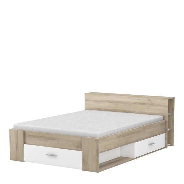 OXYGENE LIT adulte contemporain - Décor Chêne Kronberg et Blanc - l 140 x L 200 cm