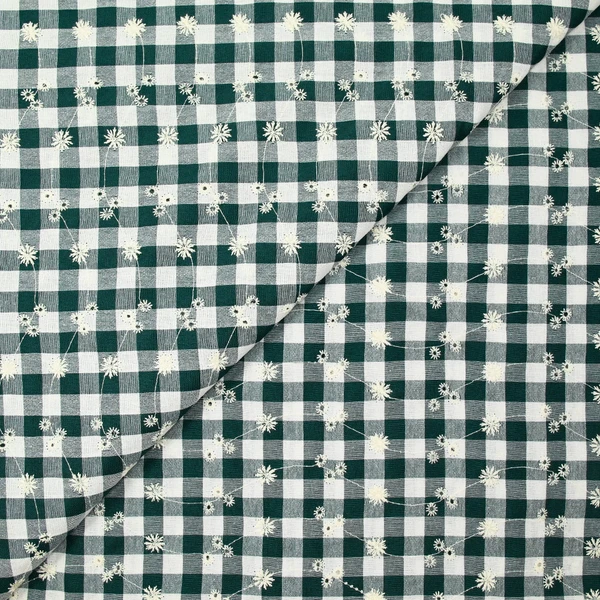 Coton Vichy brodé Flore vert fôret
