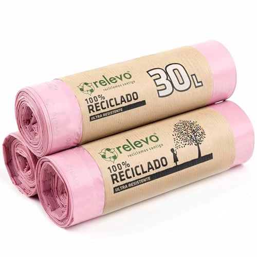 Relevo Sacs Poubelle Roses avec Liens Coulissants – 30L (Largeur 55 cm x Hauteur 60 cm), 45 Sacs (3 Rouleaux × 15 Sacs) | Parfumés et Extra Résistants | 100% PEBD Recyclé | Certifié Blue Angel