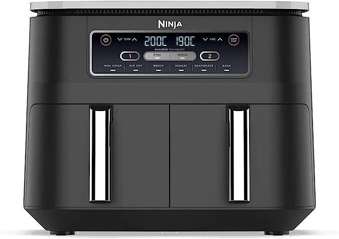 Ninja Foodi Dual Zone Airfryer Digital, 2 Tiroirs, 7,6L, 6-en-1, Sans huile, Air Fry, Max Crips, Rôtir, Cuire, Réchauffer, Déshydrater, Antiadhésif, Paniers lavables au lave-vaisselle, Noir AF300EU