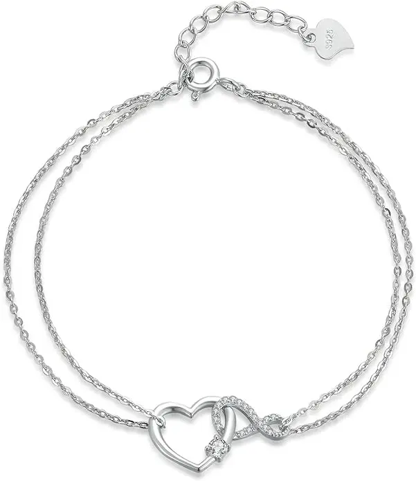 immobird Bracelet Infini Coeur Argent Sterling 925 Avec Zircone Bracelet Femme Cadeau pour Femme Fille 17cm+3cm Réglable