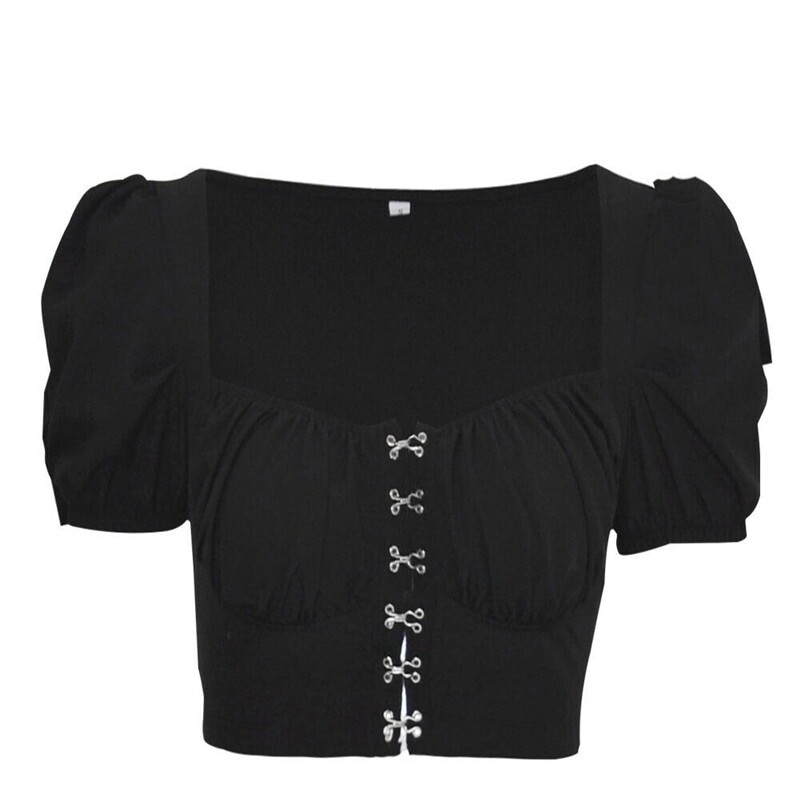 Pull à col carré à manches courtes pour femme, vêtements tendance, Sexy, boutons, t-shirt une pièce