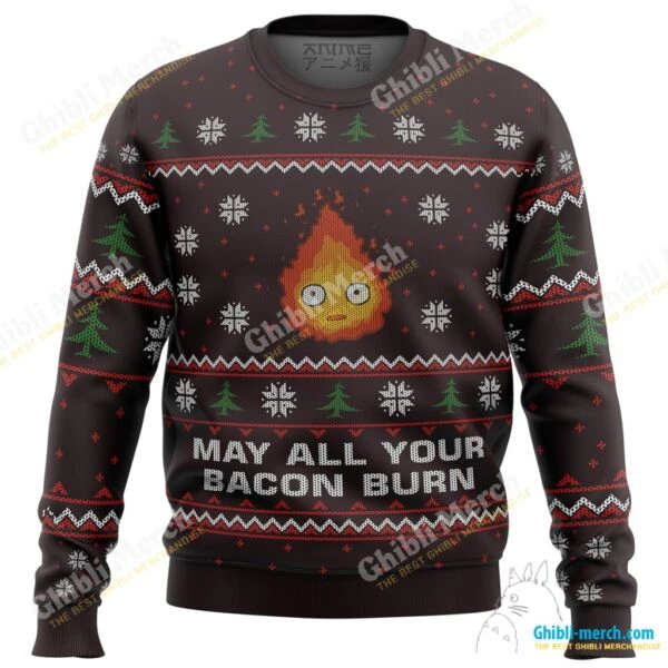 Calcifer Ugly Christmas Sweater (May All Your Bacon Burn) - Ghibli Merch Store - Official Studio Ghibli Merchandise
