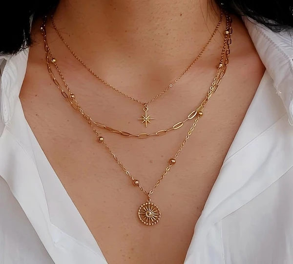 Set of 3 necklaces, set of three necklaces, stainless steel necklace, celestial pendant necklace, multi-layered, gold necklace jewelry.olli
