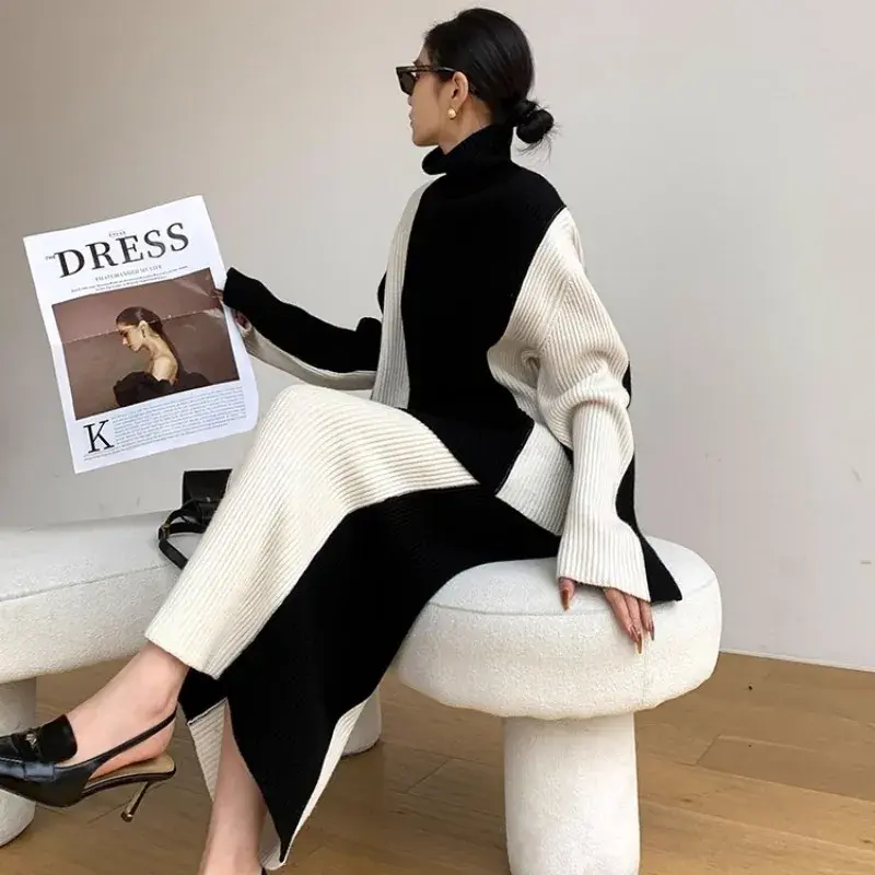 Ensemble deux pièces, pull à col haut noir et blanc | AliExpress