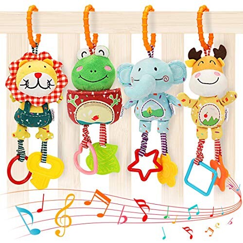 Jouets pour bébés pour 0, 3, 6, 9, 12 mois, clochettes, hochets pour bébés avec jouets de dentition, poussette peluche pour développement précoce, jouets pour bébé, cadeaux de naissance, pièces de 4
