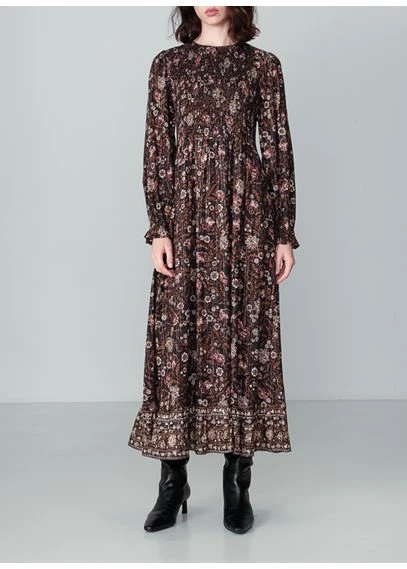 Robe longue imprimée à smocks | Noir