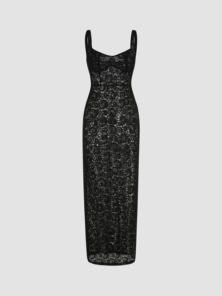 Robe maxi en dentelle unie avec décolleté en cœur