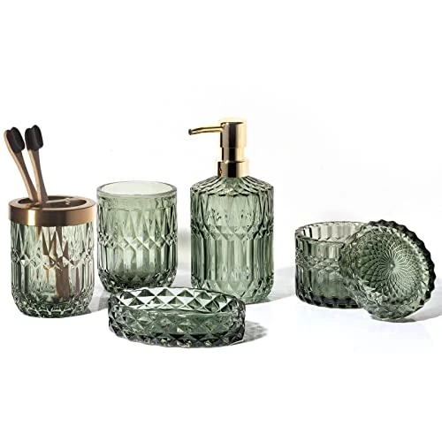 EMPO 6pcs Accessoires de Salle de Bain en Verre Transparent (Distributeur de Savon, Porte-Savon, Porte-Brosse à Dents, Gobelet, Pot à Cotons-Tige), Décoration Moderne Cristal Vintage (Vert)
