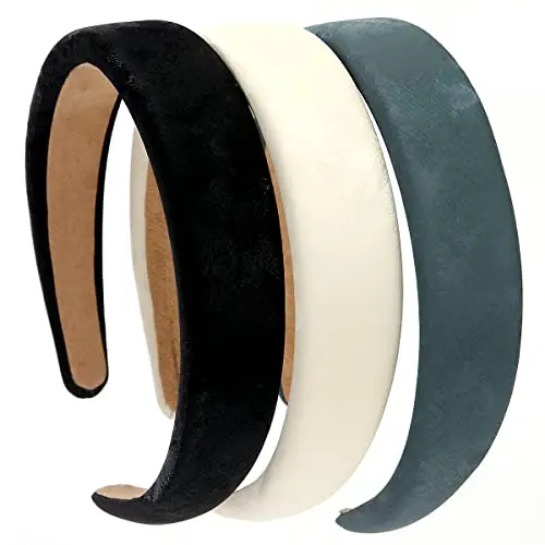 3 pièces en cuir dur bandeau large PU bandeau rembourré Style rétro bandeau de cheveux mode bandeaux confortables pour femmes et filles (Noir + Blanc + Gris Vert)