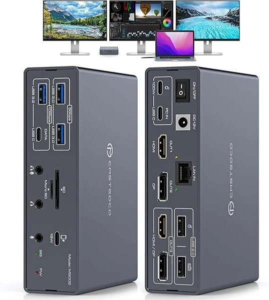 19-en-1 Displaylink Docking Station 3 Moniteurs avec HDMI DP, pour Mac M1/M2/M3/M4&Windows Thunderbolt Dock pour Ordinateur Portable 4K60Hz avec PD 100W,10Gbps USBC/A Ethernet/Lecteurs de cartes/Audio