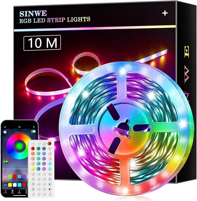 Ruban Led 10M,Led Chambre,Bande Led Lumineuse Contrôlé par APP Bluetooth ou Télécommande 44 Touches,synchronisation de musique,application et télécommande,changement de couleur (10M) [Classe énergétique A]