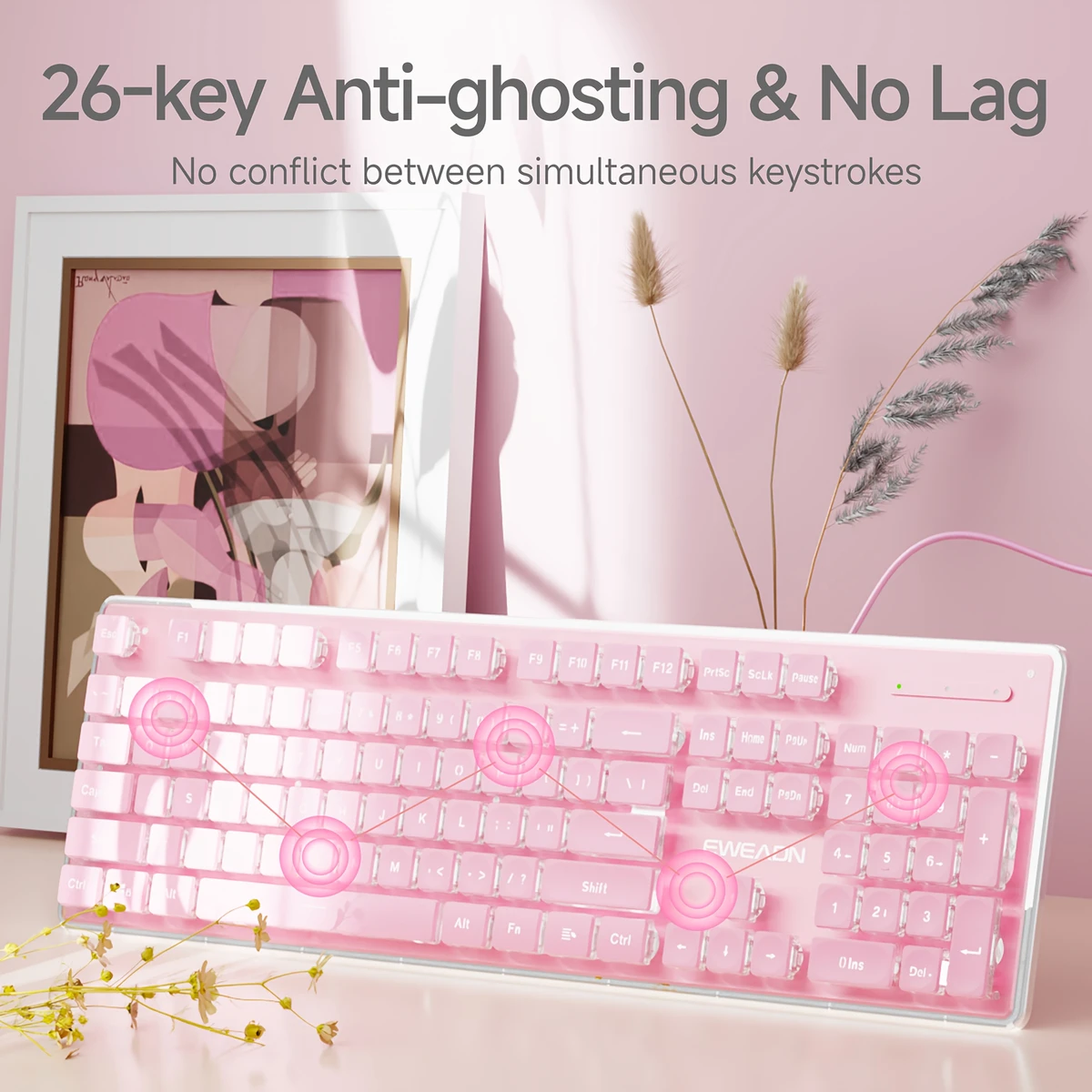 Clavier mécanique filaire EWEADN avec panneau en alliage d'aluminium, touches en ABS, rétroéclairage monochrome, câble fixe, conception non détachable, disposition plate, construction durable pour le bureau et le gaming, conception ergonomique, alimentation USB, tension de fonctionnement ≤36V