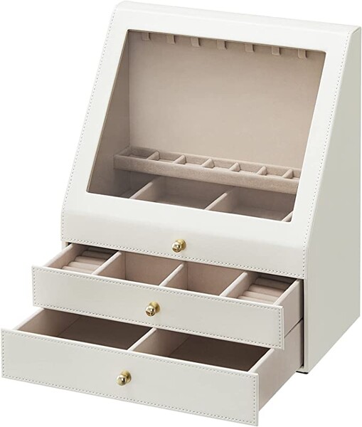 SONGMICS Boîte à Bijoux, Écrin à Accessoires 3 niveaux, Fenêtre en Verre Inclinée, 2 Tiroirs, Rangement pour Bijoux, Moderne, Présentation en Vitrine, Blanc Nuage JBC163W01 : Amazon.fr: Mode