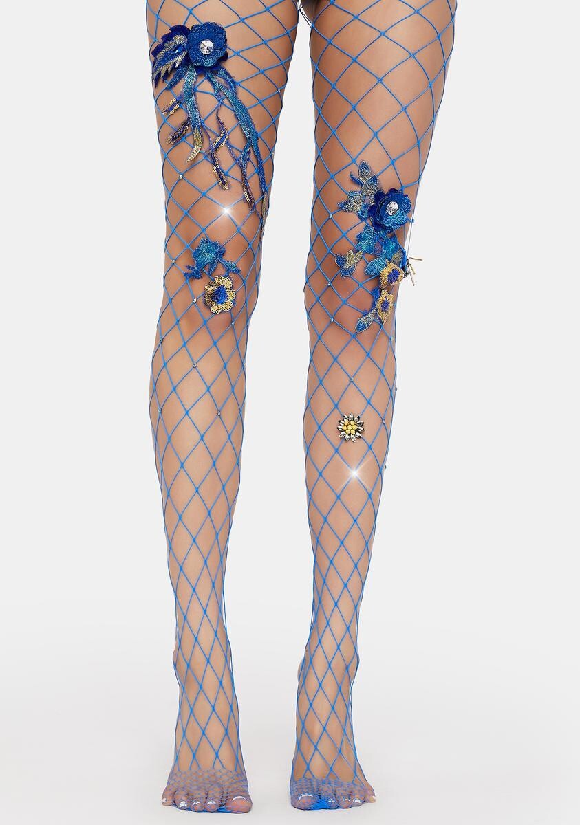 Fishnet Floral Rhinestone Tights - Blue