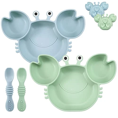 PandaEar Ensemble de 2 Assiettes Ventouse en Silicone pour Bébé, Assiettes Divisées Incassables pour Tout-Petits avec 2 Cuillères d'Auto-Alimentation -Crabe, Bleu et Vert