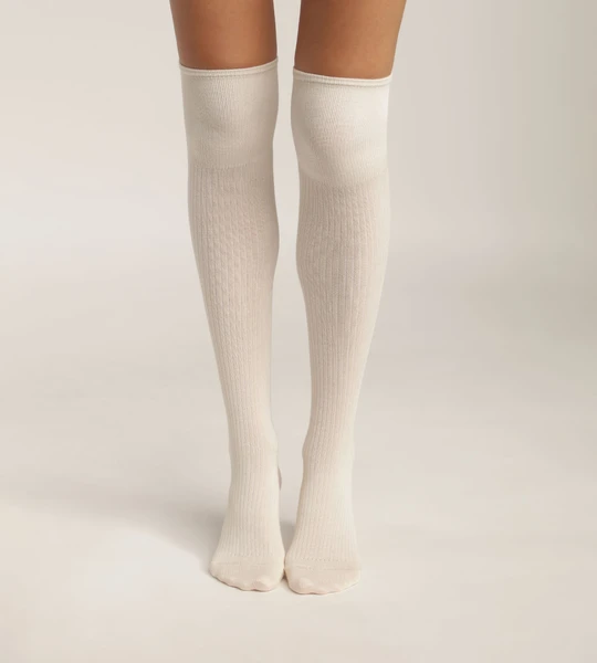 Chaussettes maxi hautes pour femme en coton côtelé Crème Dim