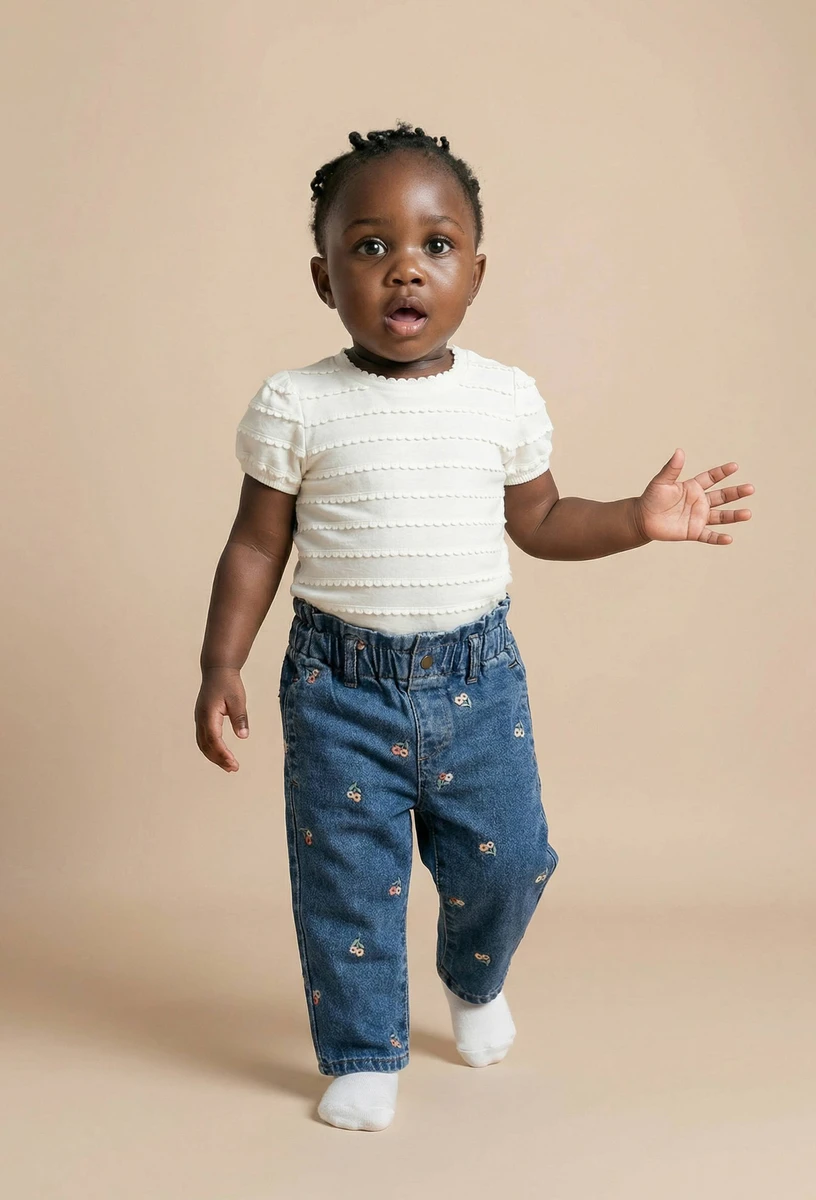Jean taille élastique brodé en coton BIO GOTS