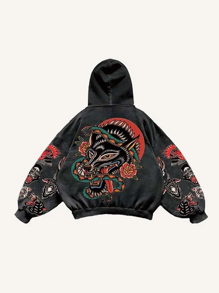 Animal&amp;Letter Print Slant Pockets Hoodie