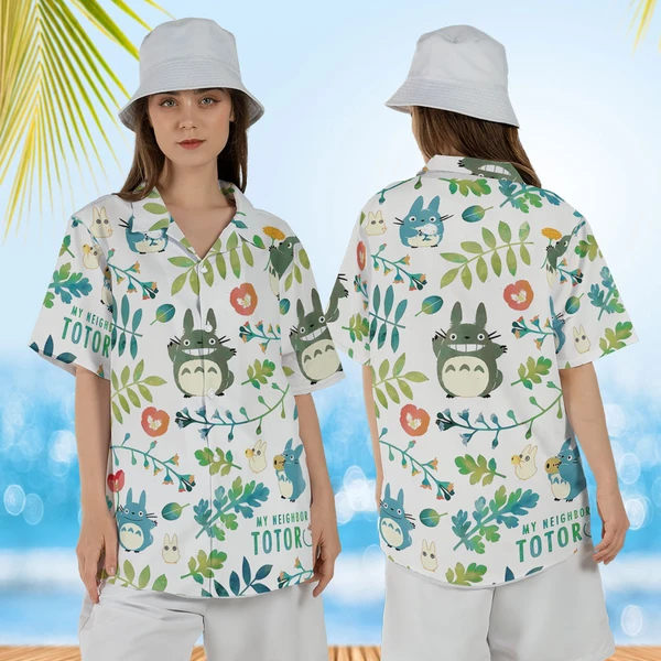 My Neighbor Totoro Pattern Button Up Hawaiian Shirt for Womens