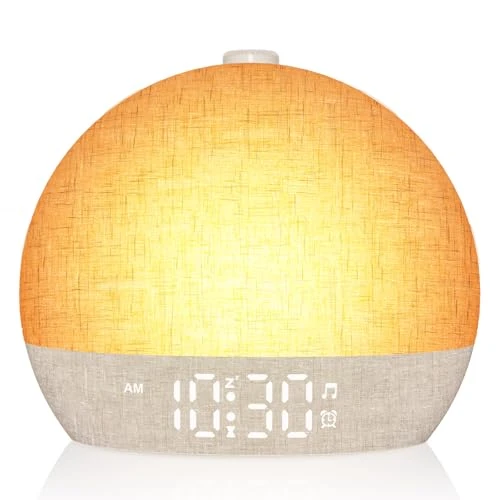 Réveil Lumineux Simulateur d'Aube, Reveil Matin avec 7 Sonneries, Lampe de Chevet 20 Niveaux de Luminosité, 30 Sons Naturels, Snooze, Minuteur, 12 Couleurs Réveil Lumière Veilleuse pour Enfant/Adulte