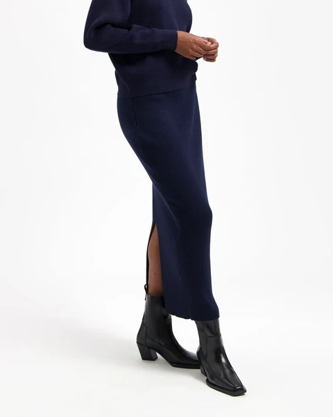 Jupe longue en maille de coton bio | bleu "keira skirt dark navy" Kuyichi