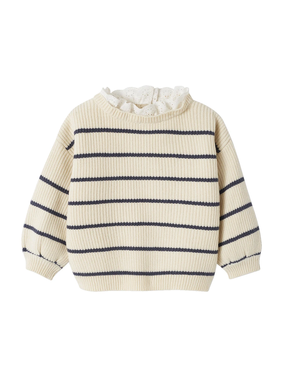 Pull en côte perlée col en broderie anglaise