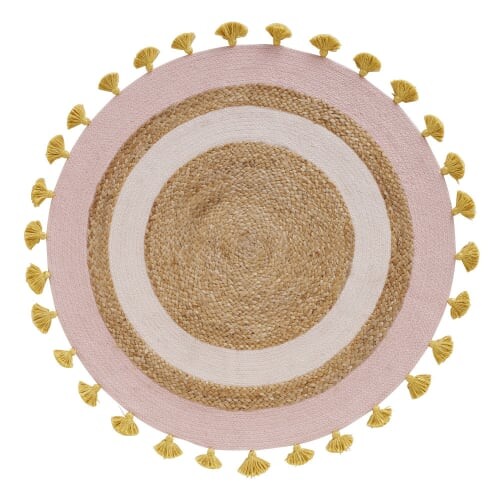Tapis rond en jute tressé et coton à pompons D100 | Maisons du Monde